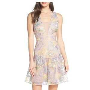Harlyn Floral Embroidered Mesh V-Neck Fit Flare Cocktail Dress Sz XS